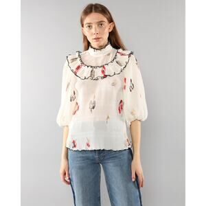 Ganni Lowell Pleated High Neck Romantic Fairy Blouse collar Size 36 or Small
